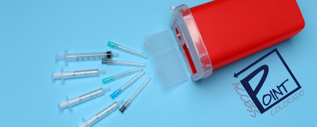 A sharps disposal container at Colorado Health Network's Grand Junction office, part of the Fill It Forward free sharps disposal program